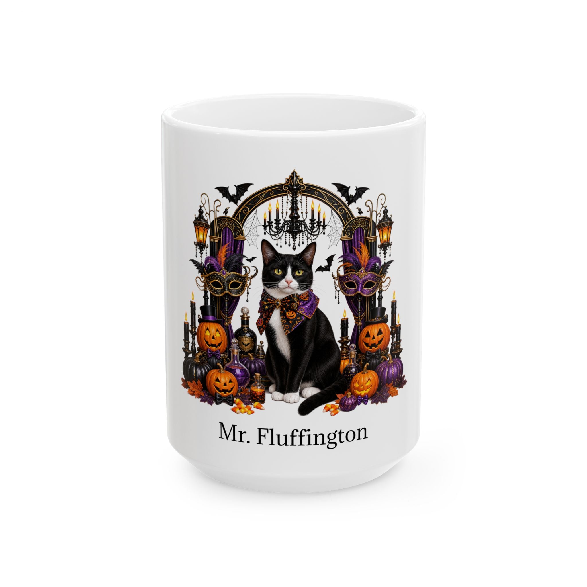 Angled Tuxedo cat Halloween mug with personalized pet name and fall design — image 3
