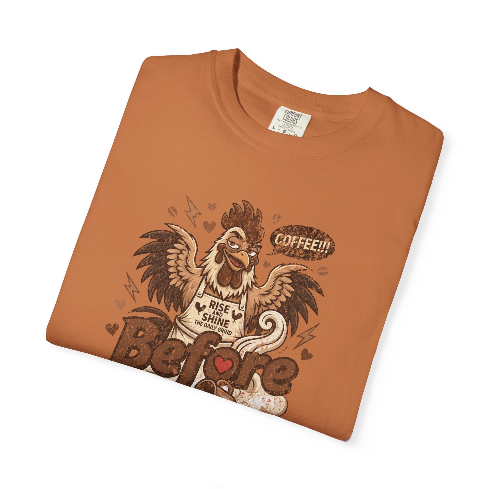 Orange unisex cotton t-shirt featuring a distressed graphic of a rooster saying COFFEE!!!