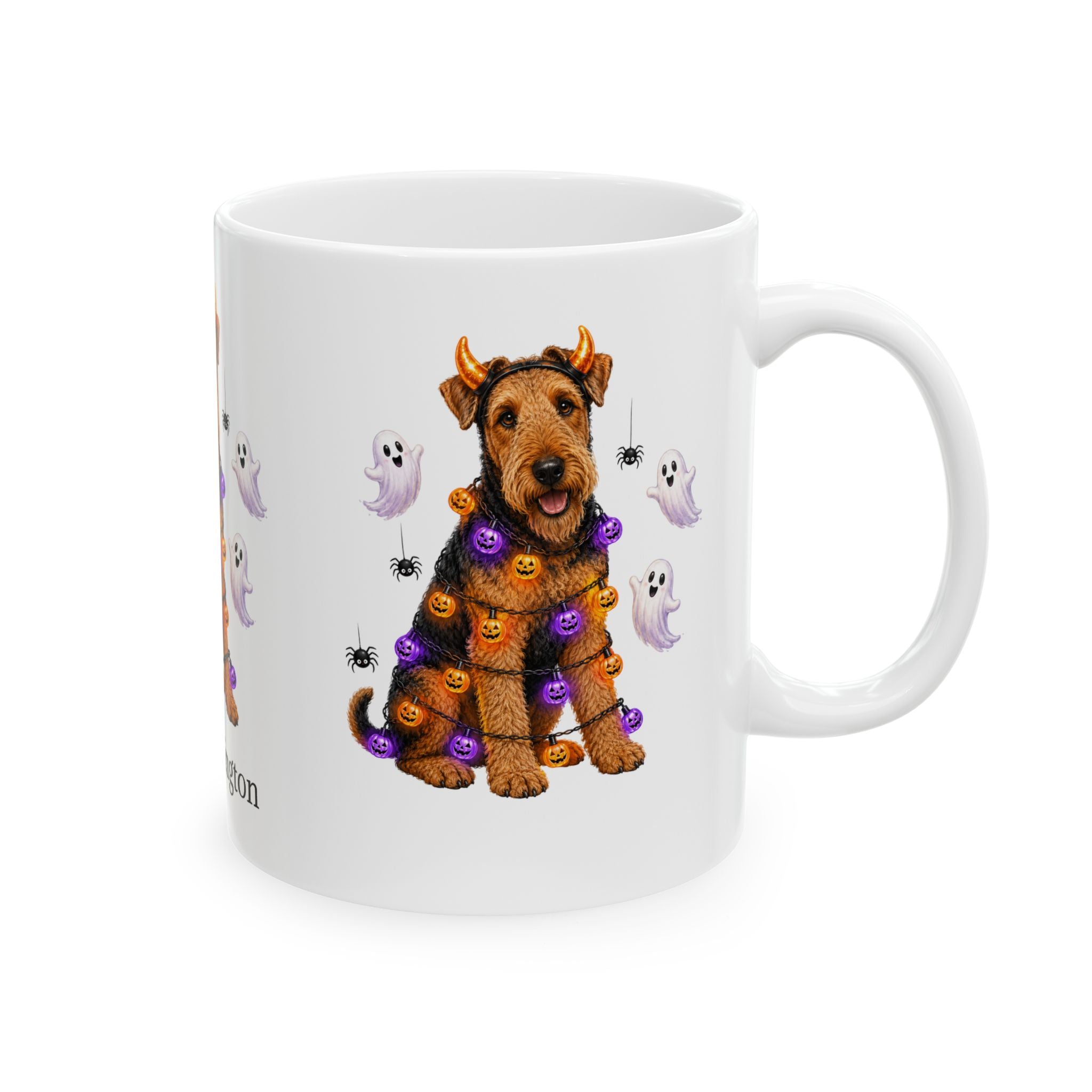 Close view of a Airedale Terrier dog Halloween mug personalized with a custom name — image 4