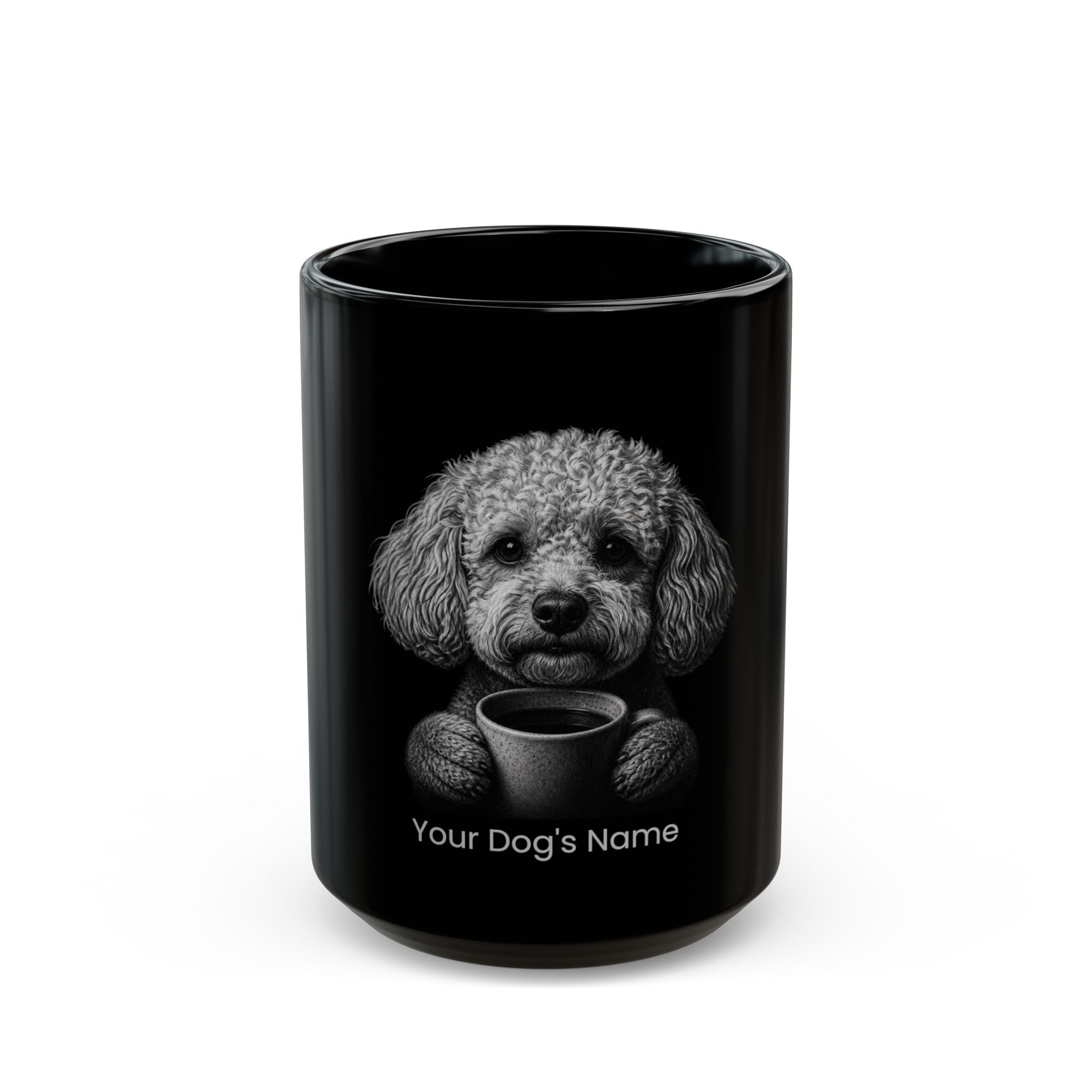 Personalized Miniature Poodle black ceramic coffee mug with custom dog name