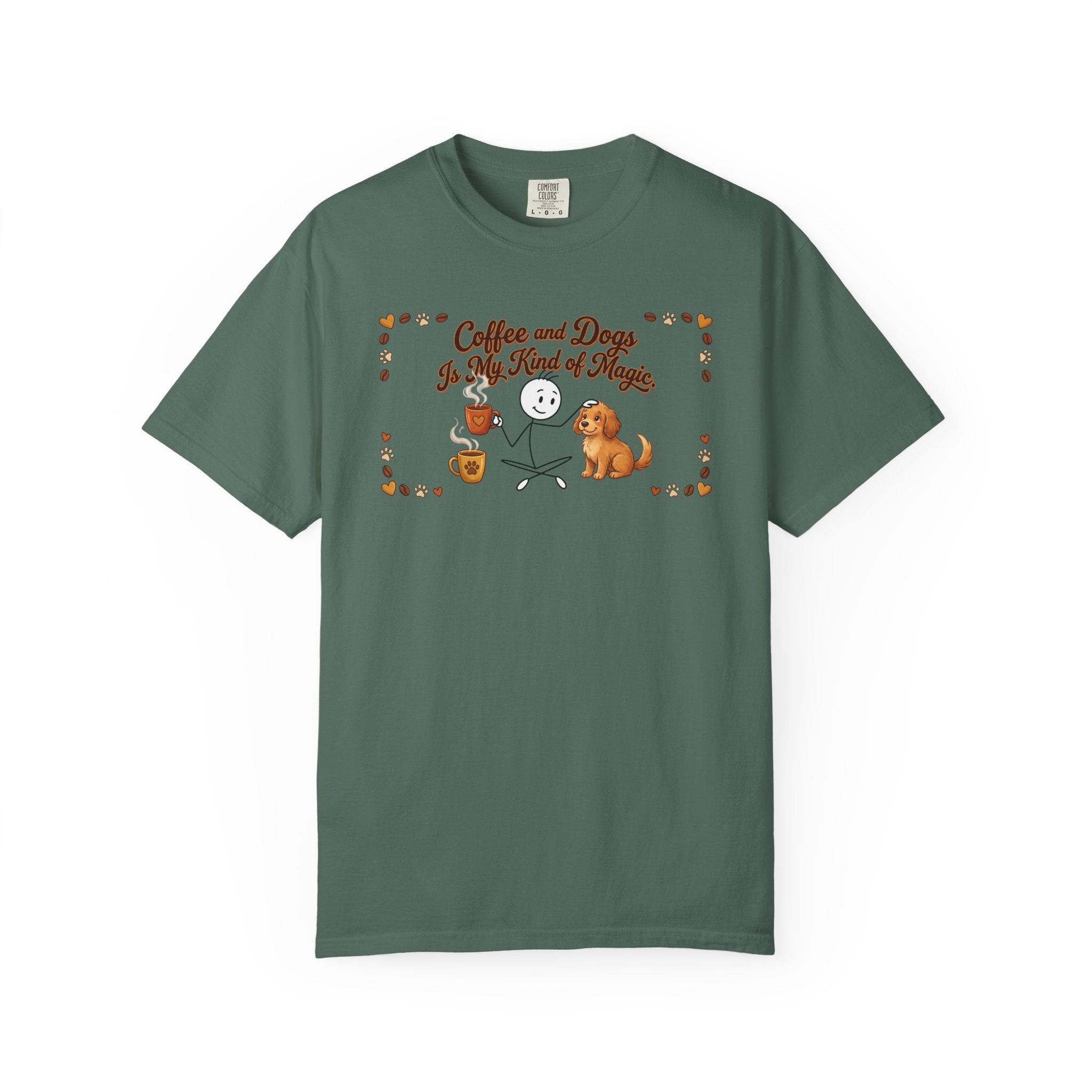 Green t-shirt featuring a stick figure with a coffee mug and a dog with the text Coffee and Dogs.