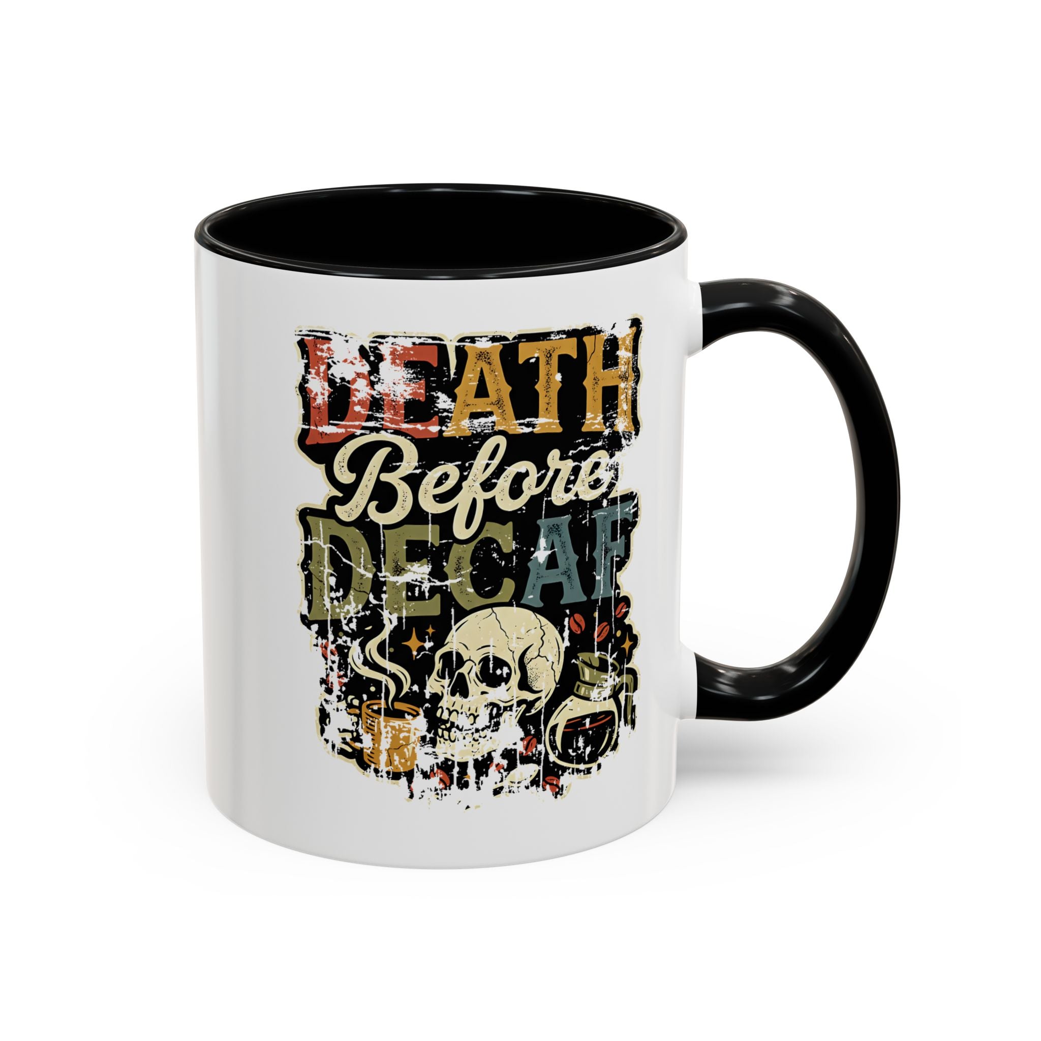 White ceramic mug with a black handle and a retro skull graphic reading Death Before Decaf.