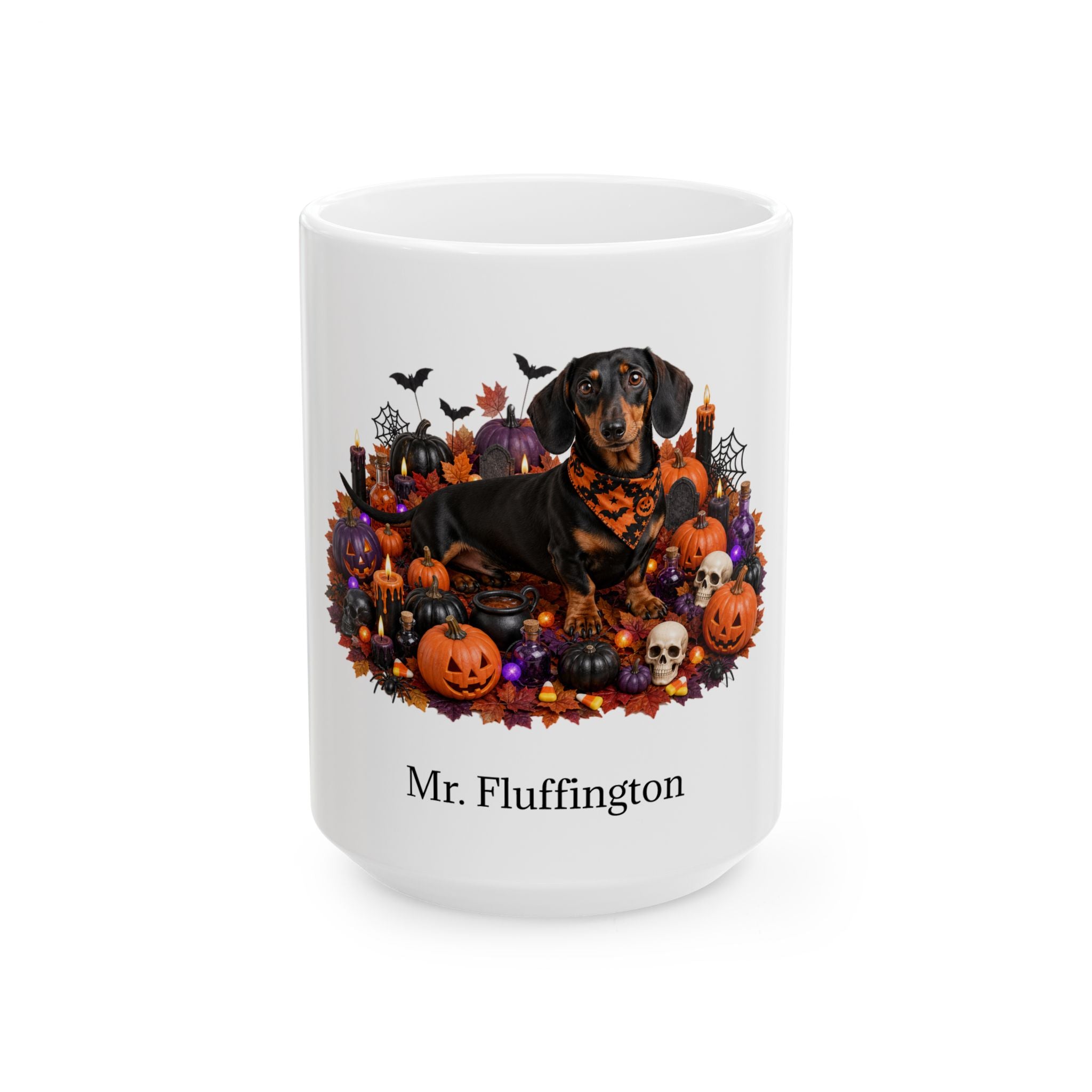 Angled Dachshund dog Halloween mug with personalized pet name and fall design — image 3