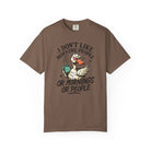 Brown t-shirt featuring a grumpy duck holding a coffee mug with the text I Don't Like Morning People