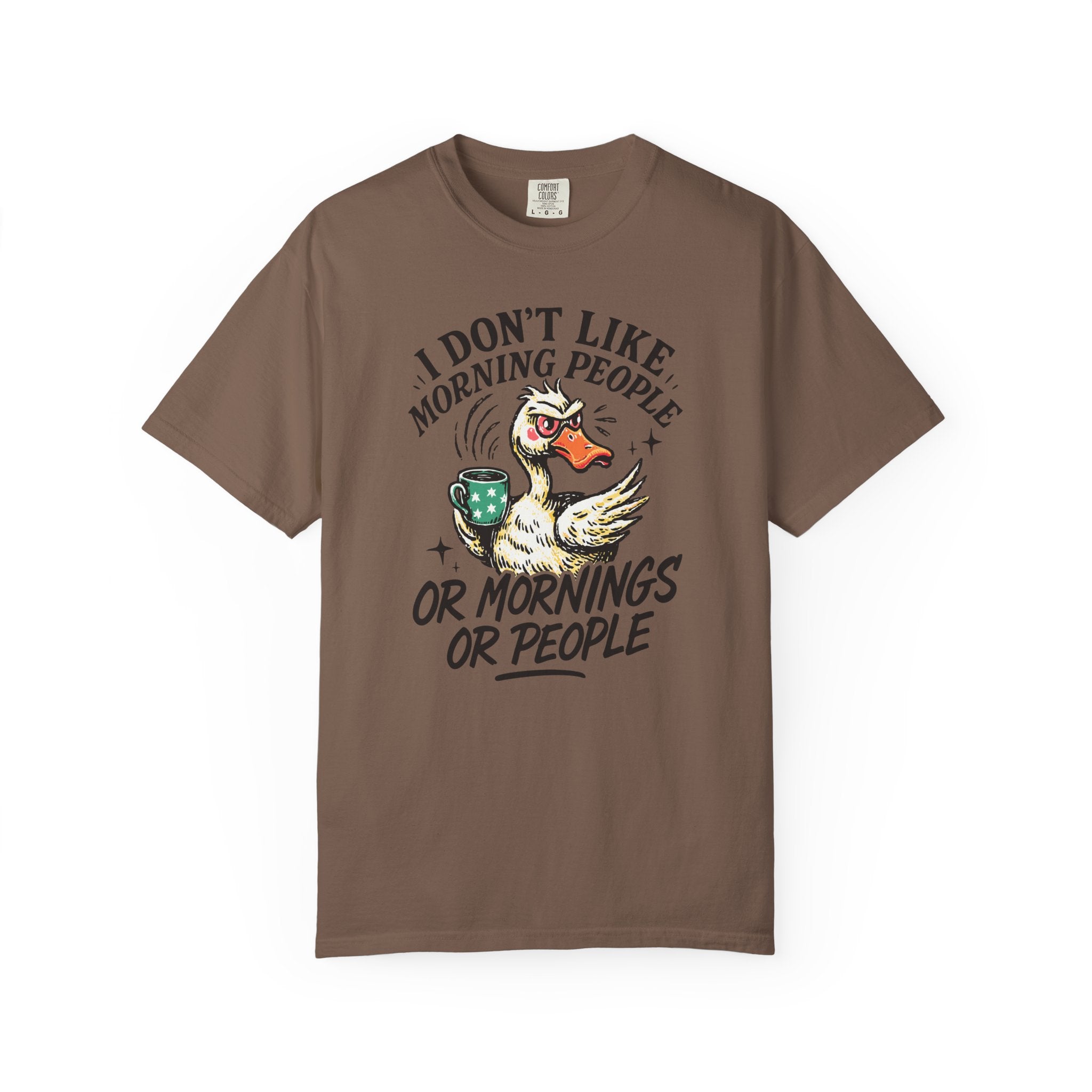 Brown t-shirt featuring a grumpy duck holding a coffee mug with the text I Don't Like Morning People