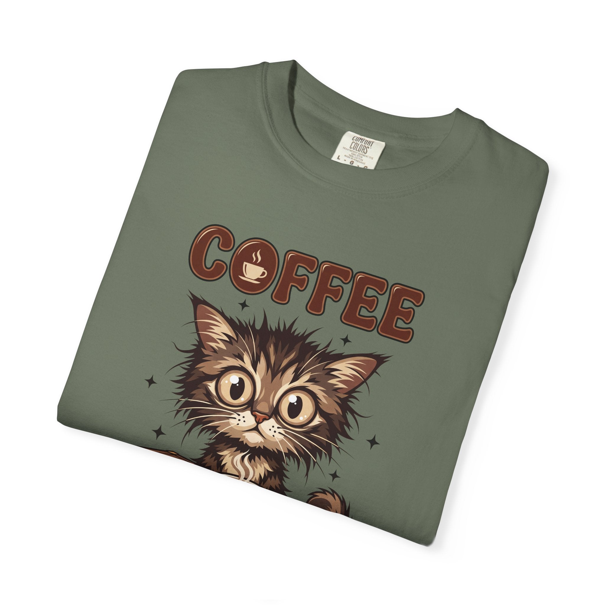 Olive green unisex cotton t-shirt featuring a graphic of a wide-eyed kitten and the word COFFEE.