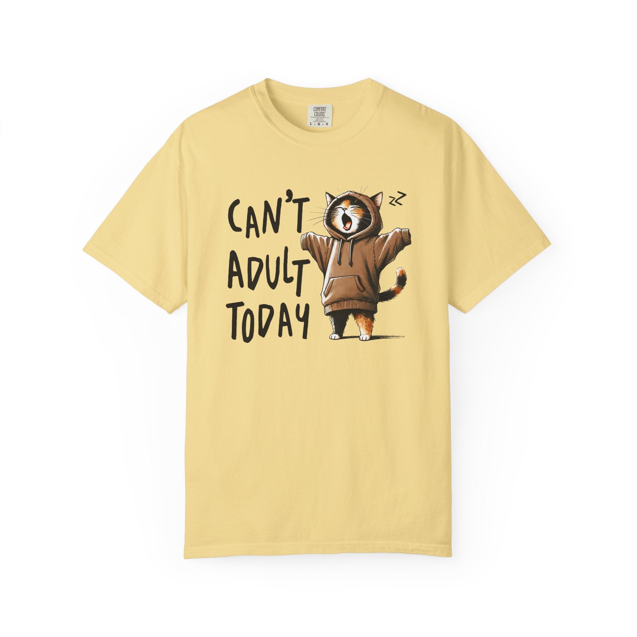 A light yellow heavyweight cotton t-shirt featuring a graphic of a yawning cat in a hoodie.