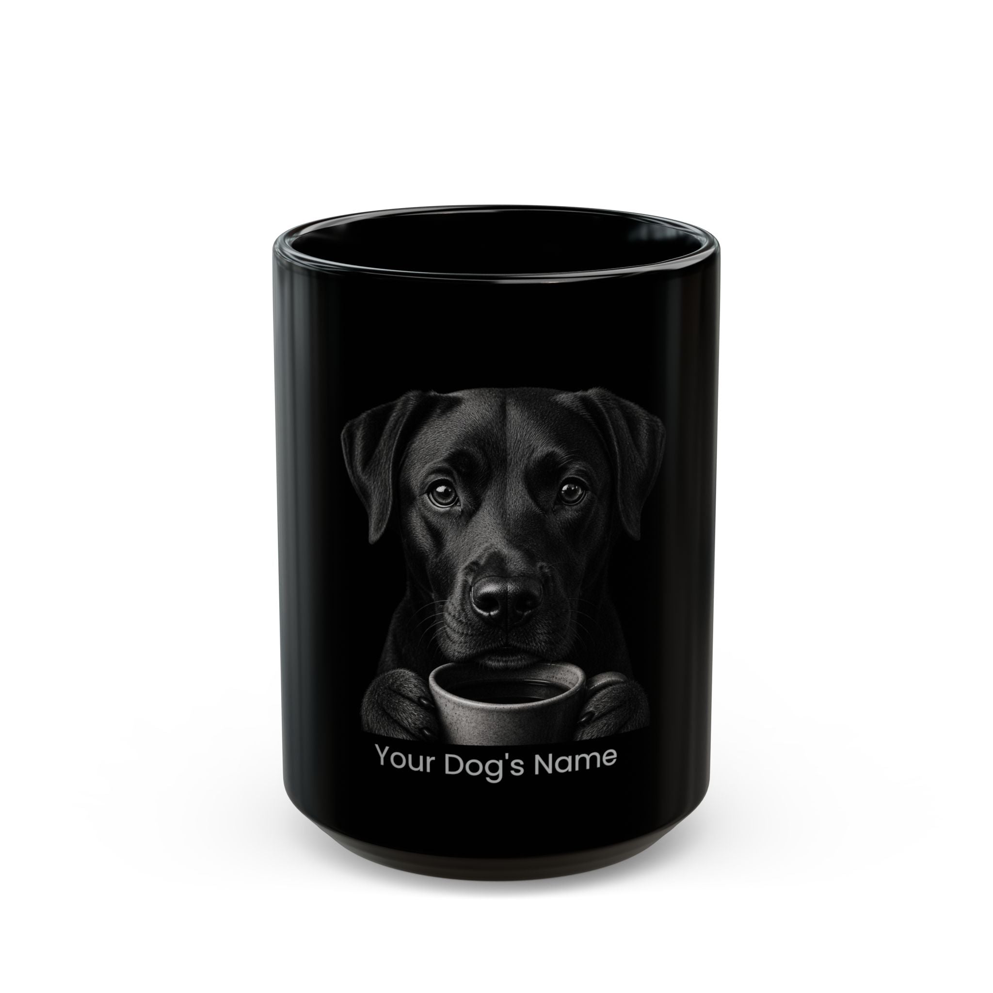 Personalized Mountain Cur black ceramic coffee mug with custom dog name