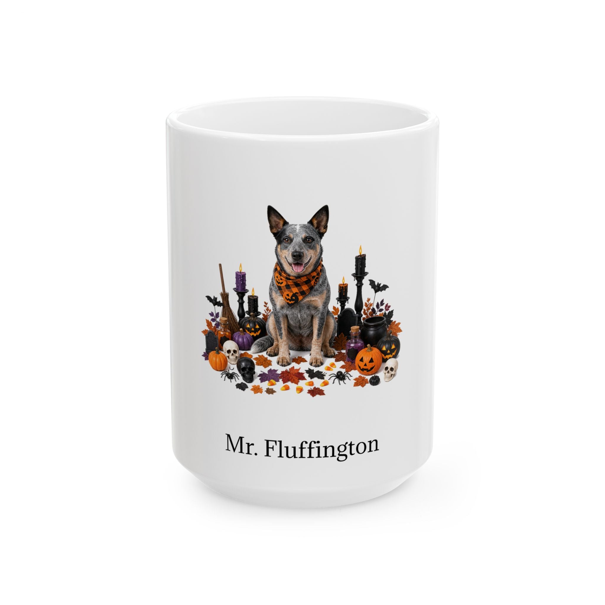 Personalized Australian Cattle Dog Halloween mug, 11oz white ceramic, with custom pet name on front