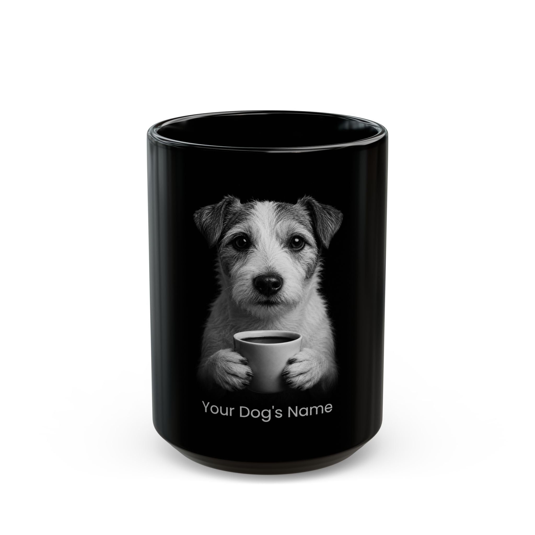 Personalized Parson Russell Terrier black ceramic coffee mug with custom dog name