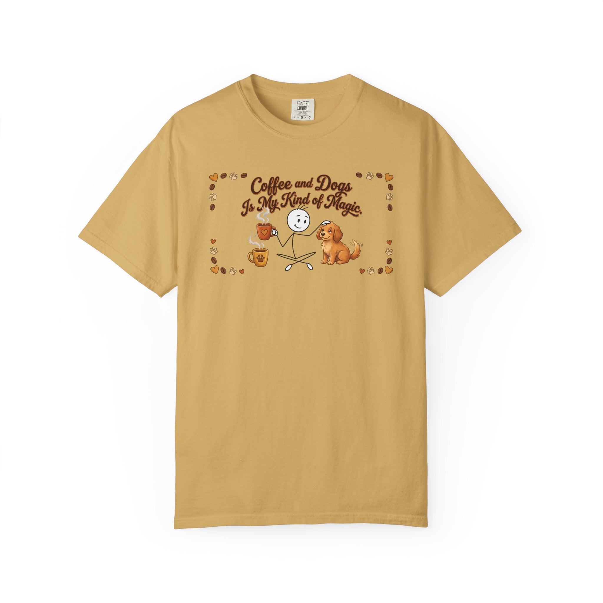 Mustard yellow t-shirt featuring a stick figure with a coffee mug and a dog.