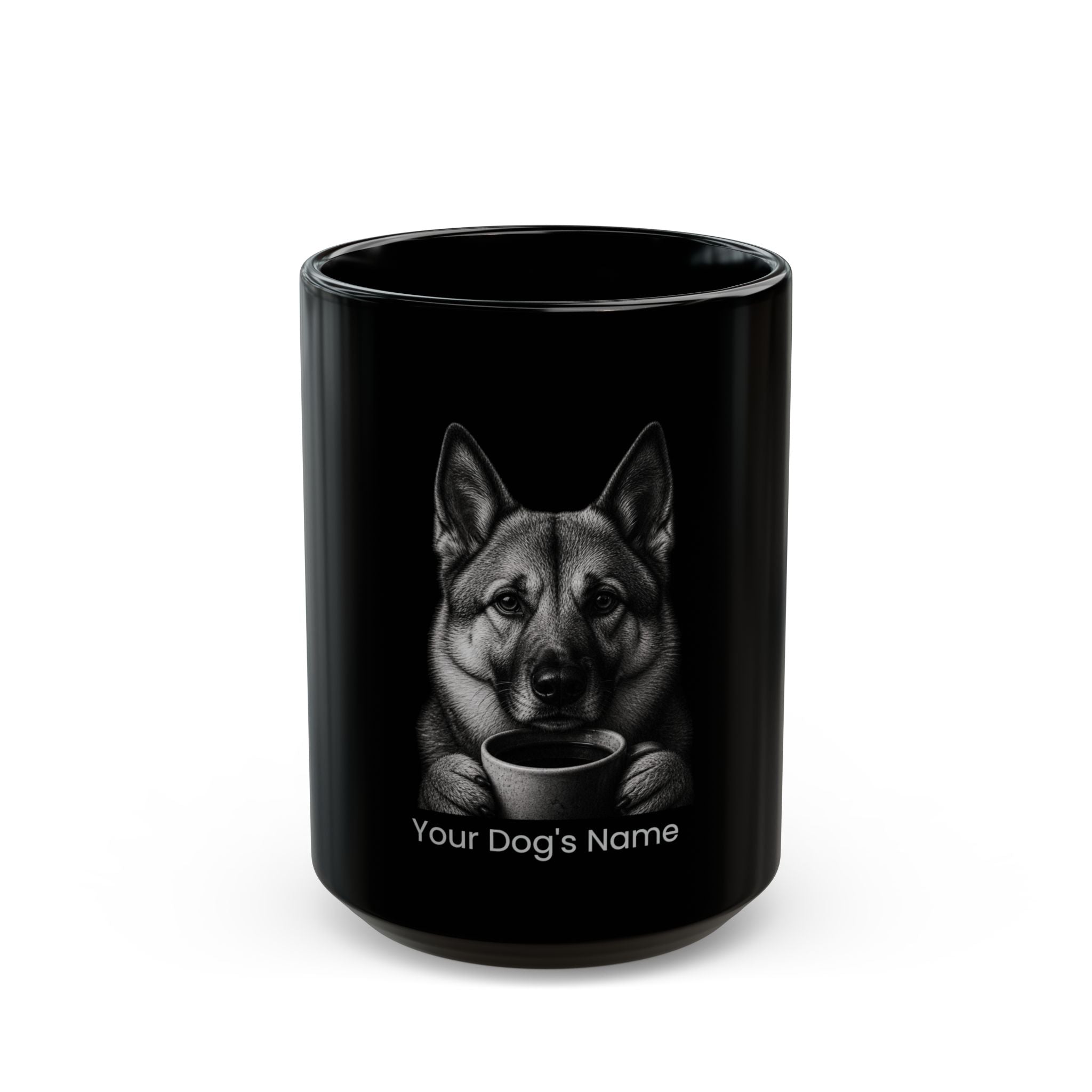 Personalized Norwegian Elkhound black ceramic coffee mug with custom dog name