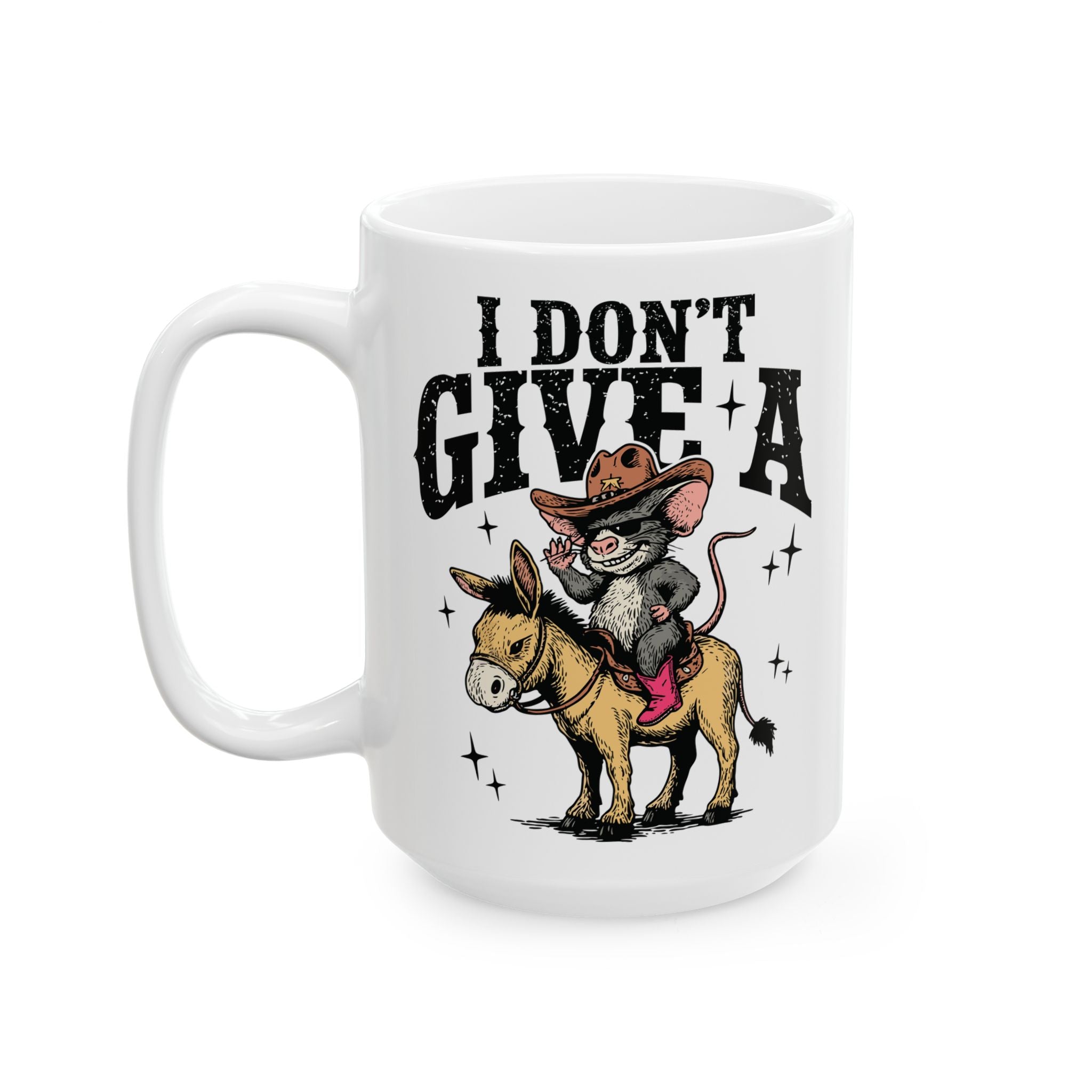White ceramic mug featuring a cartoon mouse in a cowboy hat and boots riding a donkey.