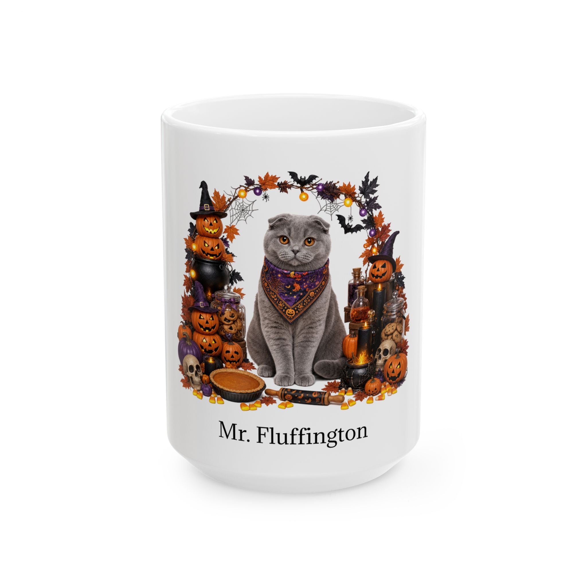Angled Scottish Fold cat Halloween mug with personalized pet name and fall design — image 3