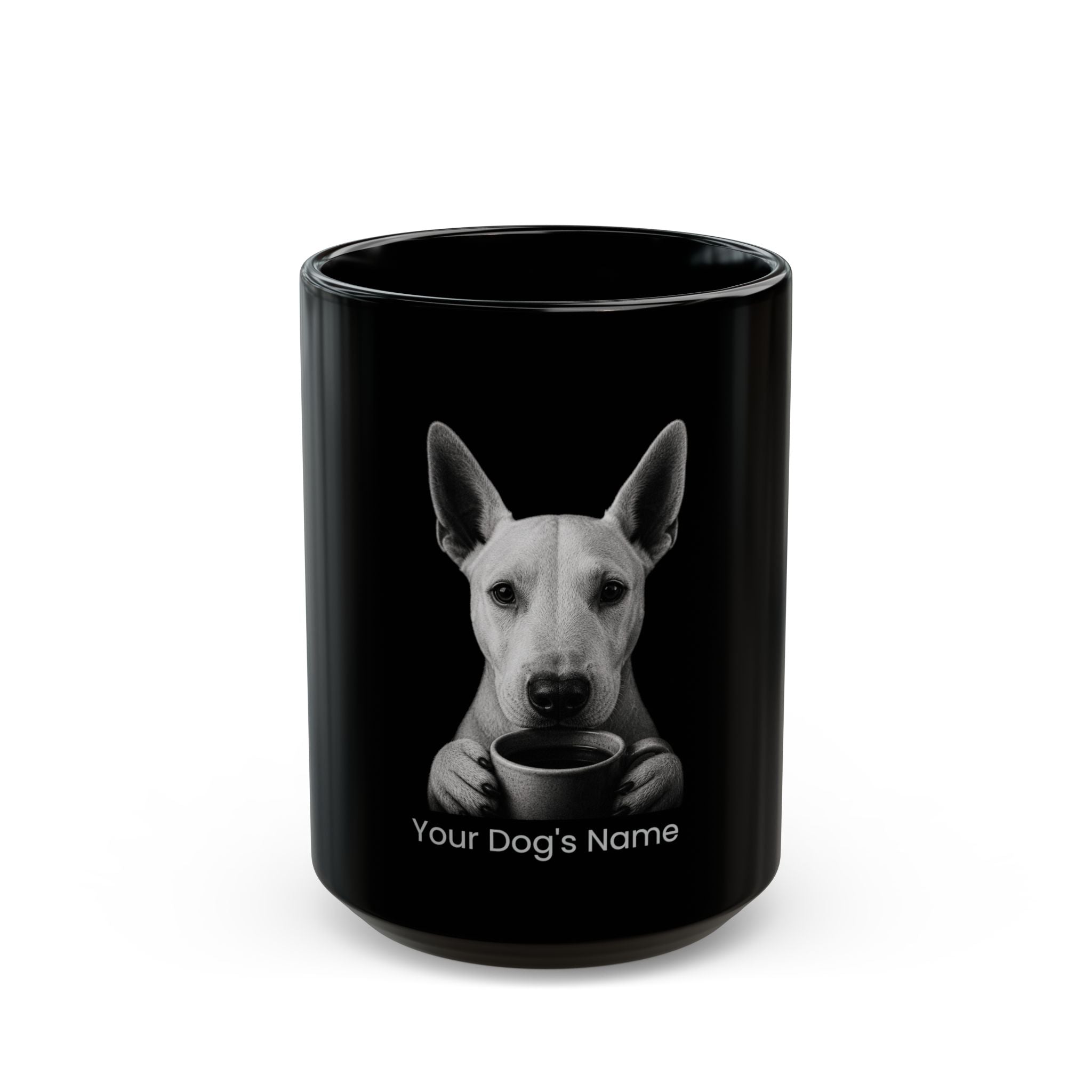Personalized Miniature Bull Terrier black ceramic coffee mug with custom dog name