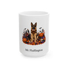Personalized German Shepherd dog Halloween mug, 11oz white ceramic, with custom pet name on front