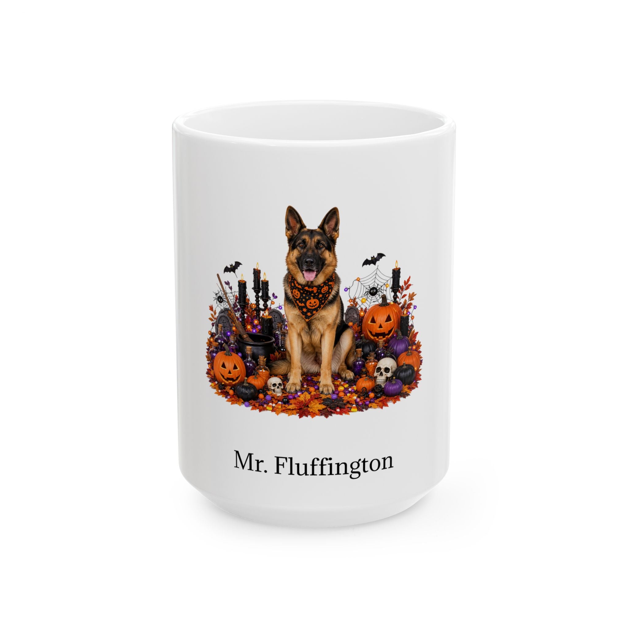 Personalized German Shepherd dog Halloween mug, 11oz white ceramic, with custom pet name on front