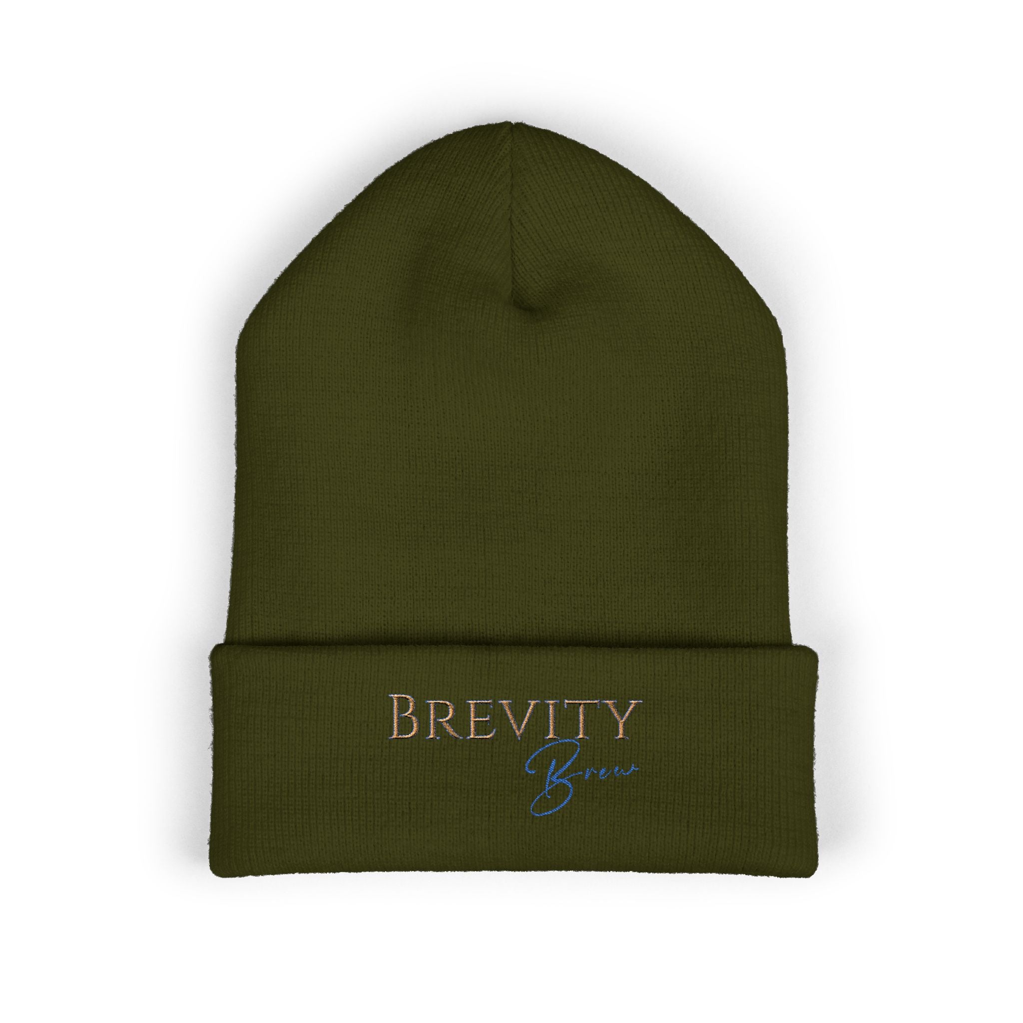 A dark green cuffed beanie with "Brevity Brew" embroidered in brown and blue.