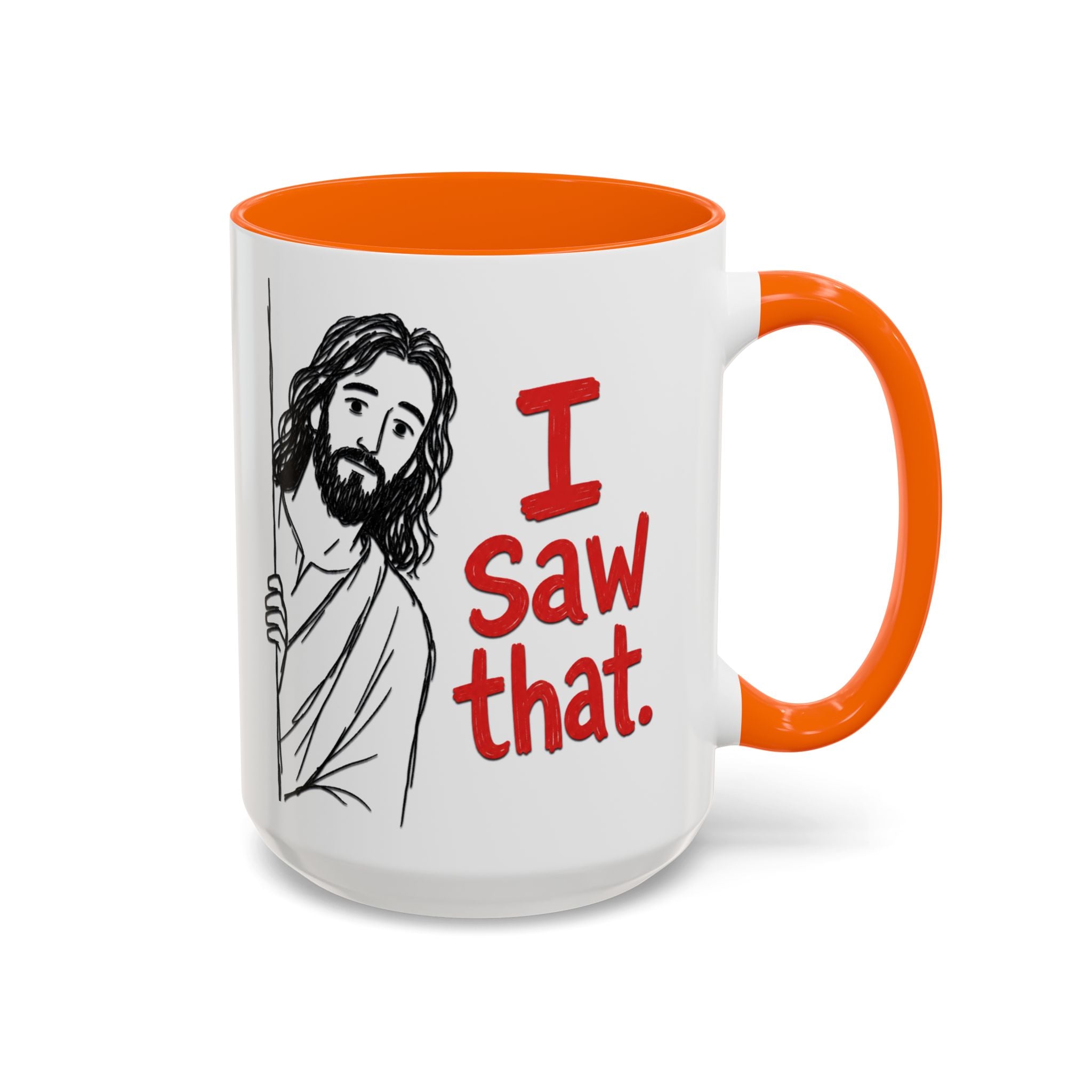 White ceramic mug with an orange handle and interior, featuring a drawing of Jesus and text.