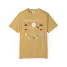 Mustard yellow t-shirt with a distressed graphic of a stick figure, coffee, and gaming icons.