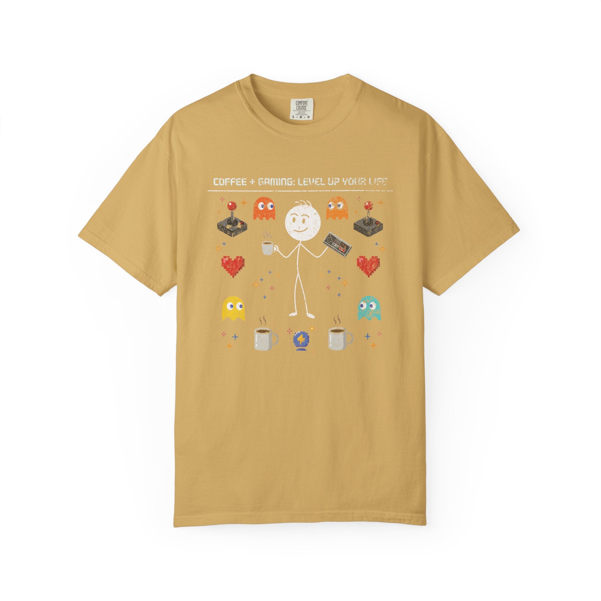 Mustard yellow t-shirt with a distressed graphic of a stick figure, coffee, and gaming icons.