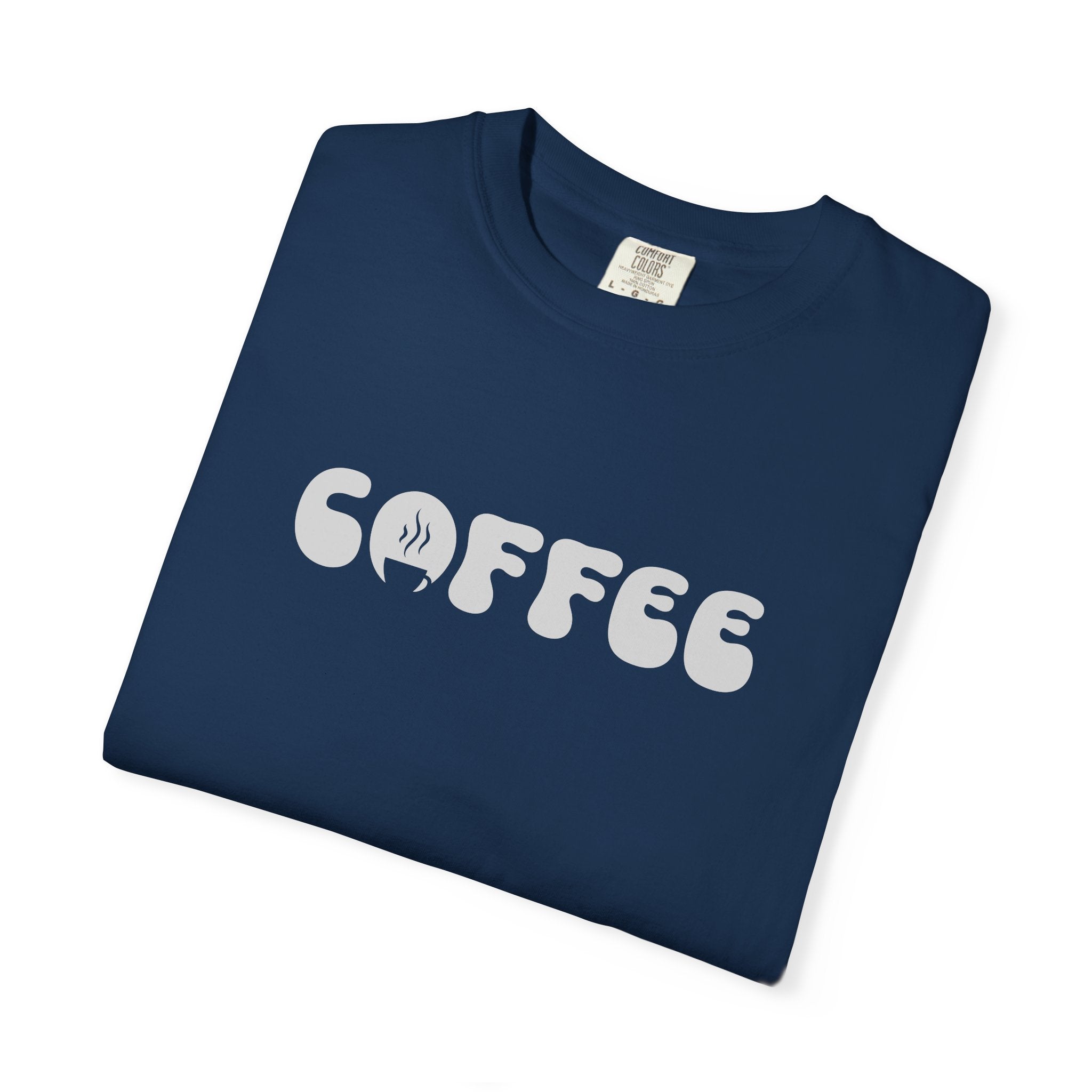A navy blue short-sleeve t-shirt featuring the word COFFEE in a white retro bubble font.