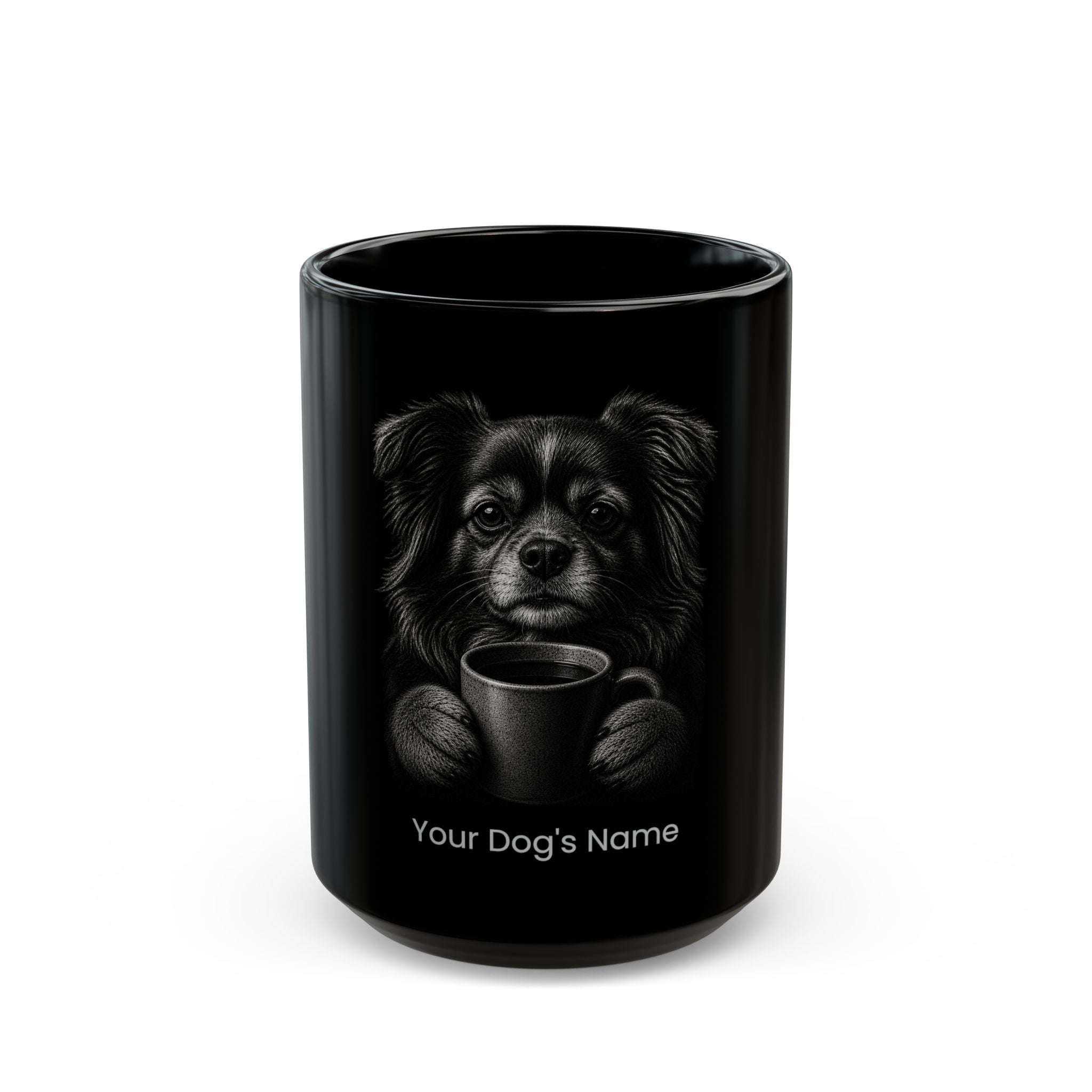 Personalized Tibetan Spaniel black ceramic coffee mug with custom dog name