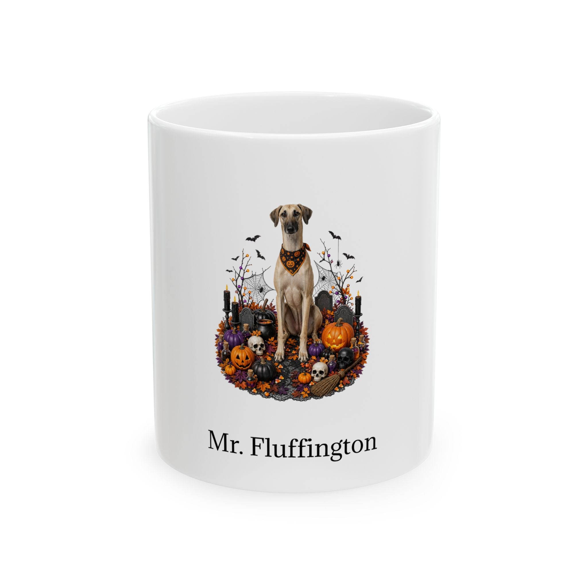Personalized Sloughi dog Halloween mug, 11oz white ceramic, with custom pet name on front
