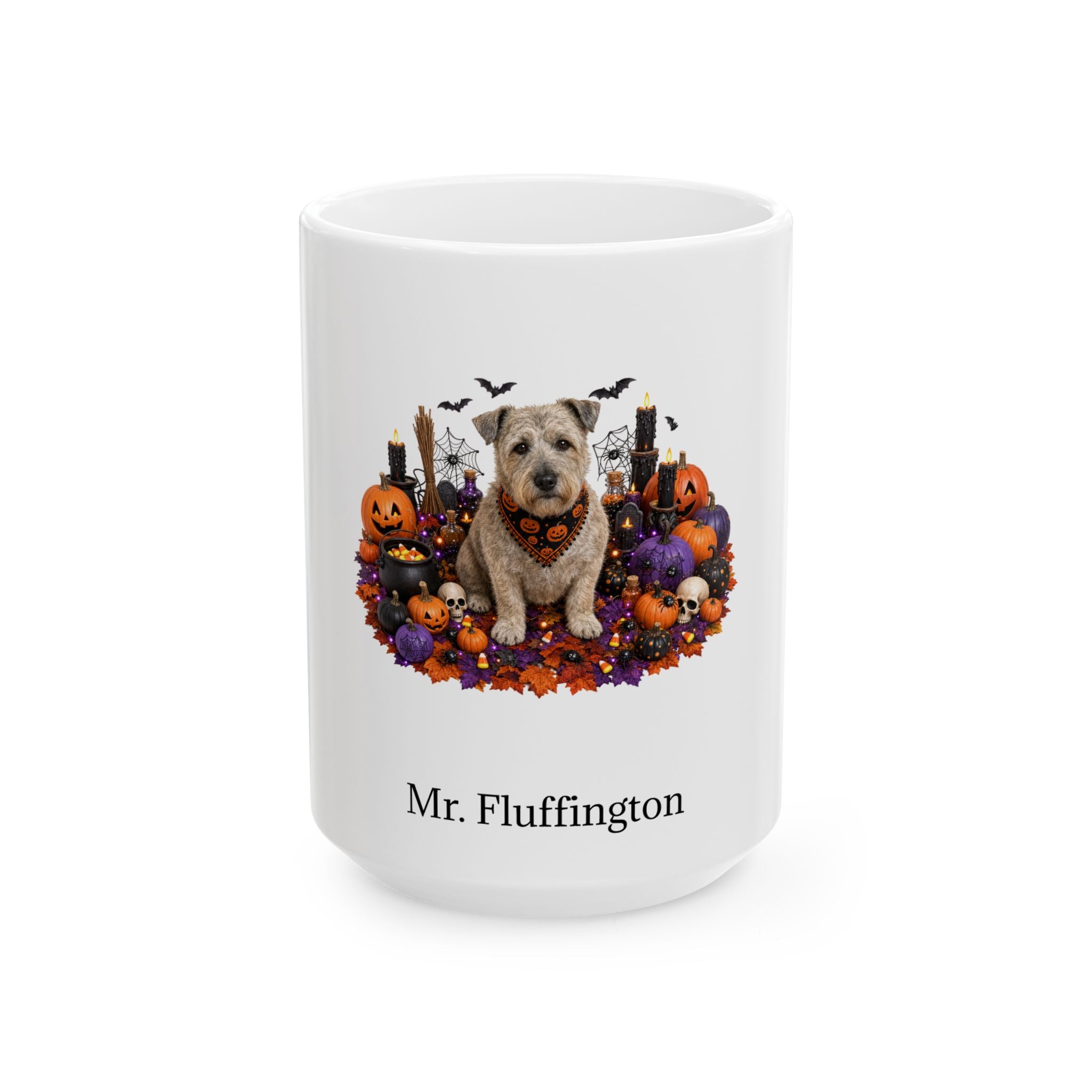 Personalized Glen of Imaal Terrier dog Halloween mug, 11oz white ceramic, with custom pet name on front