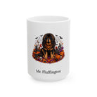 Personalized Tibetan Mastiff dog Halloween mug, 15oz white ceramic, with custom pet name on front