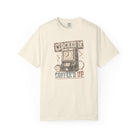 Cream-colored Comfort Colors 1717 t-shirt with a vintage Clocked In Coffee'd Up graphic design.