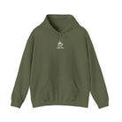 An olive green hooded sweatshirt featuring a small white graphic of a coffee cup and the text coffee time.