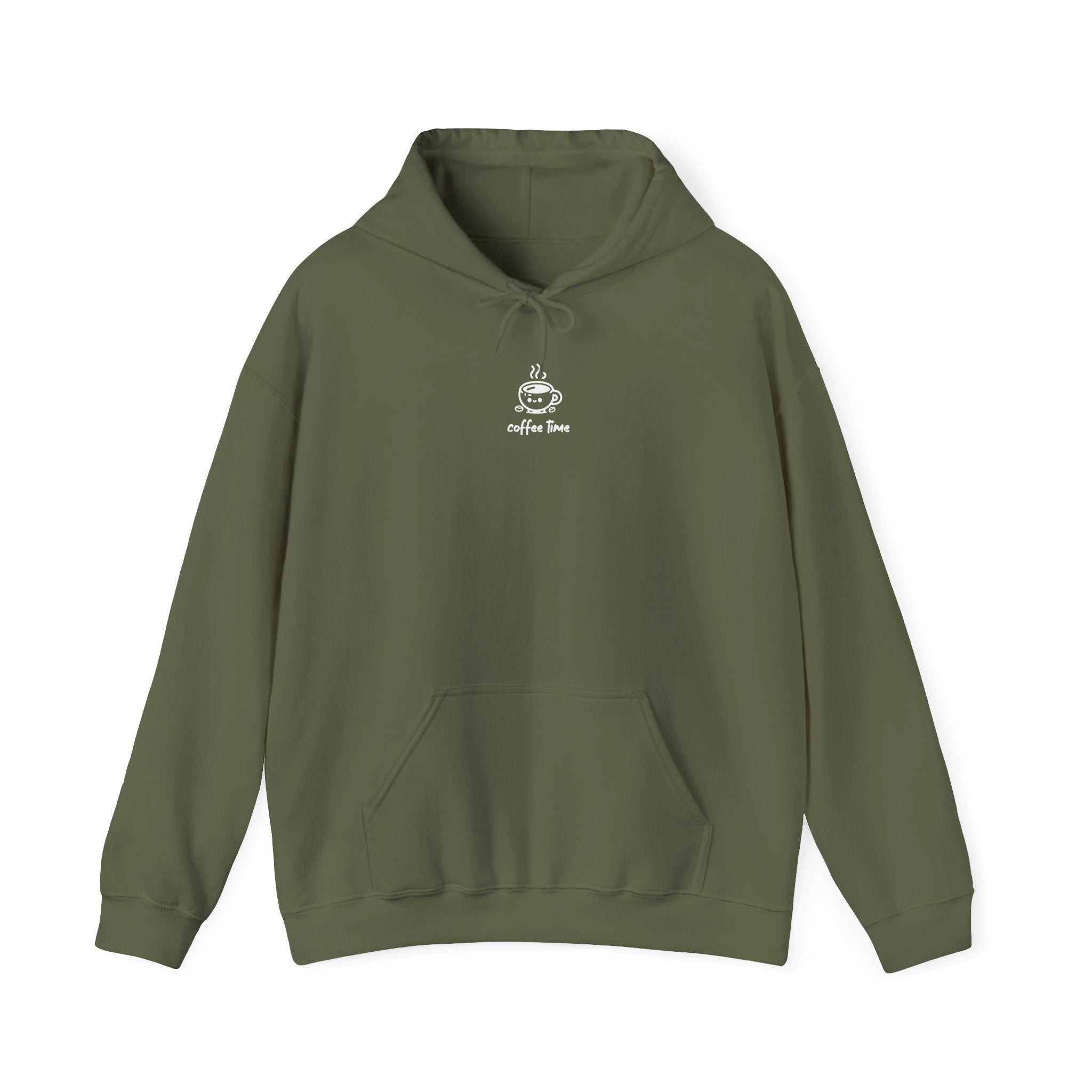 An olive green hooded sweatshirt featuring a small white graphic of a coffee cup and the text coffee time.