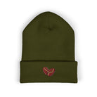 Olive green cuffed beanie with embroidered coffee bean heart.