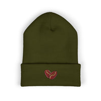 Olive green cuffed beanie with embroidered coffee bean heart.