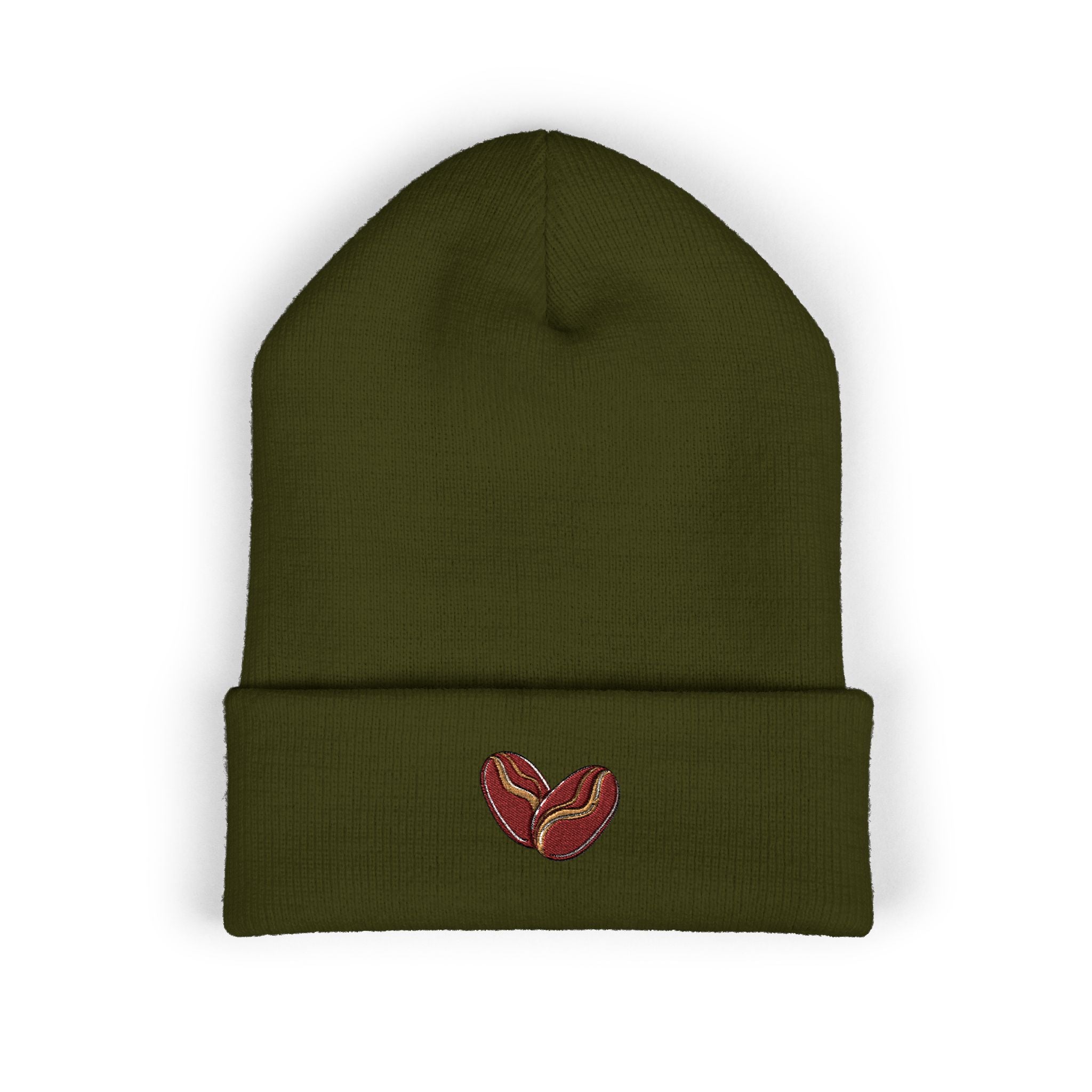 Olive green cuffed beanie with embroidered coffee bean heart.