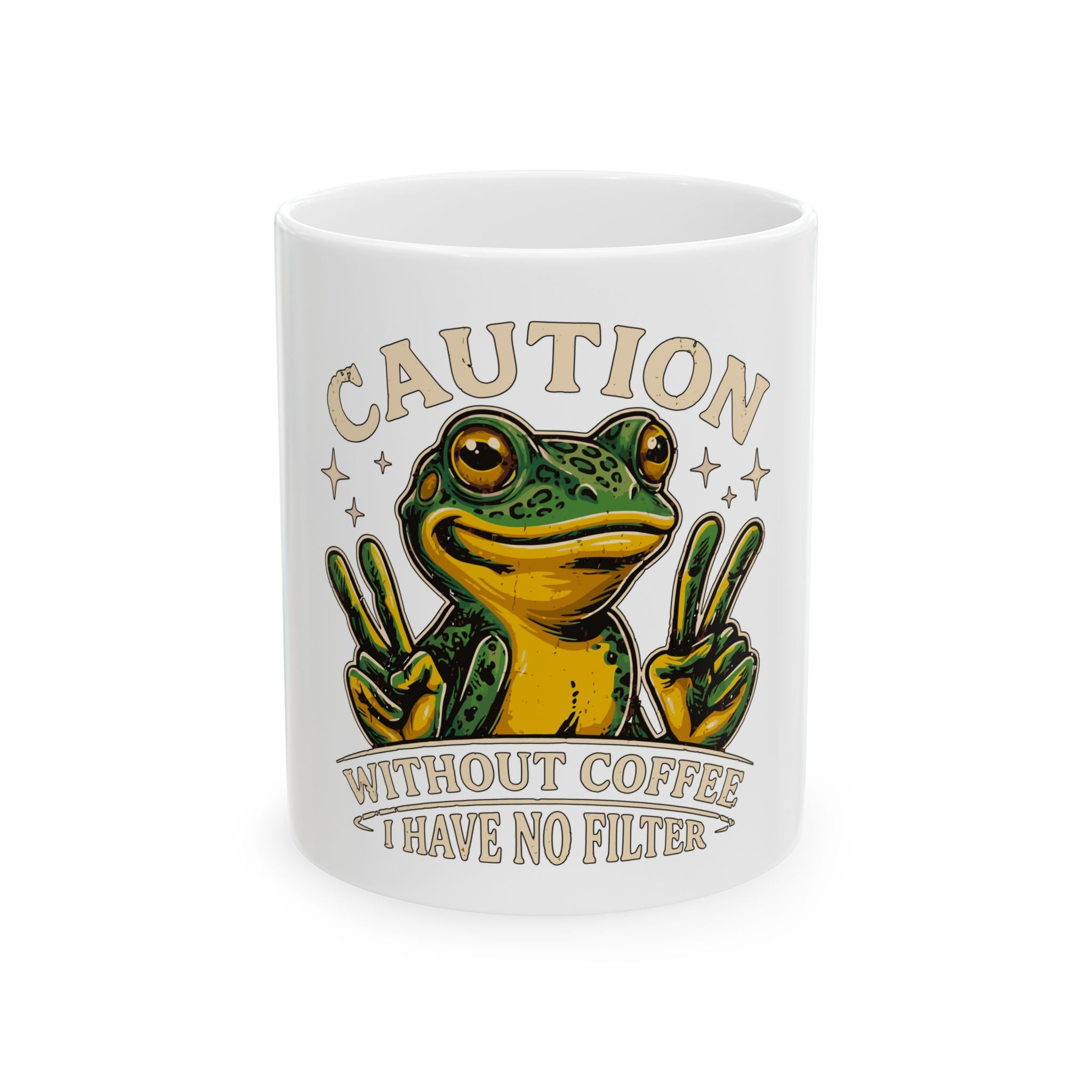 White mug featuring a cartoon frog making peace signs with the text Caution Without Coffee No Filter