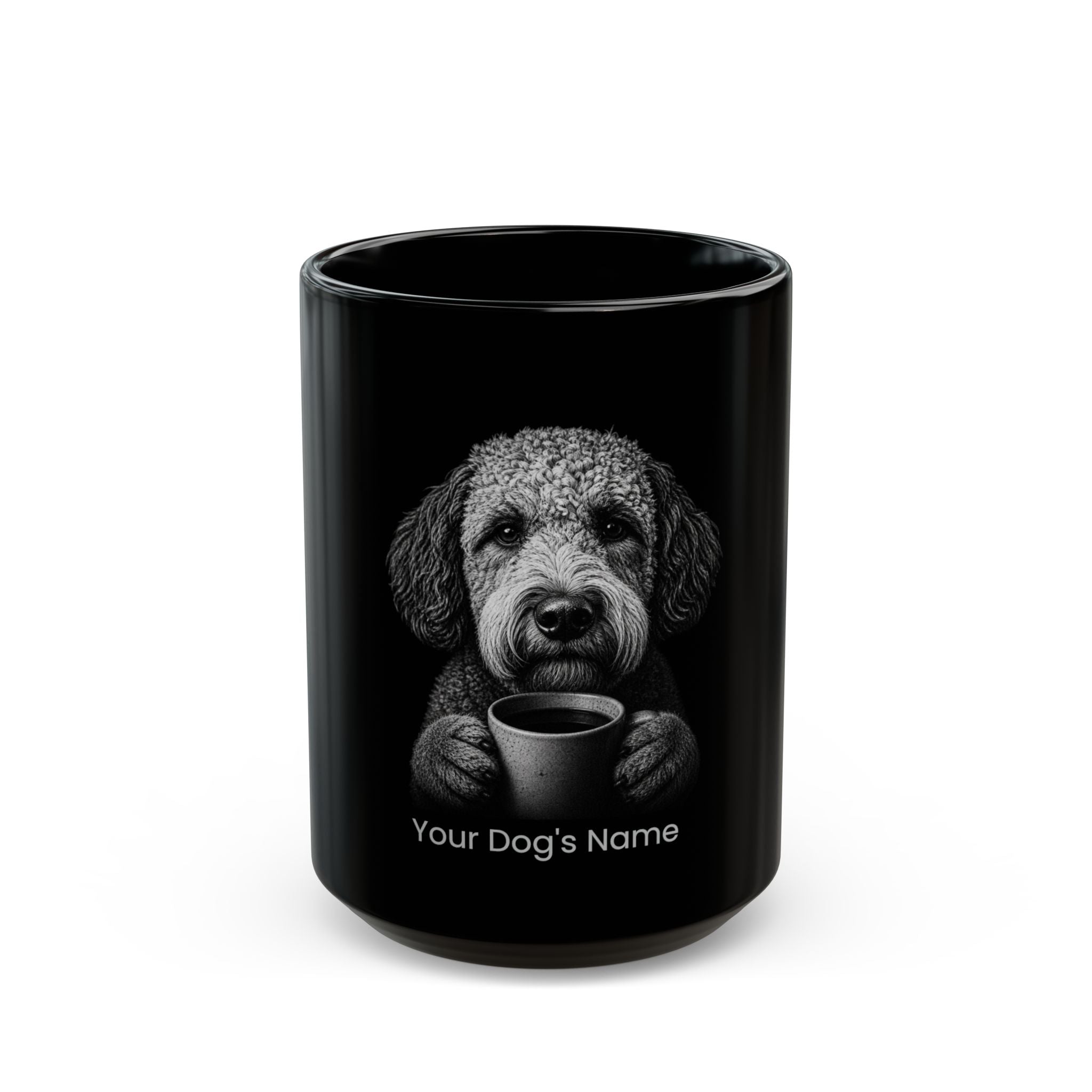 Personalized Lagotto Romagnolo black ceramic coffee mug with custom dog name