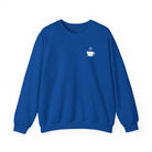 A royal blue crewneck sweatshirt featuring a small white steaming coffee cup icon on the chest.