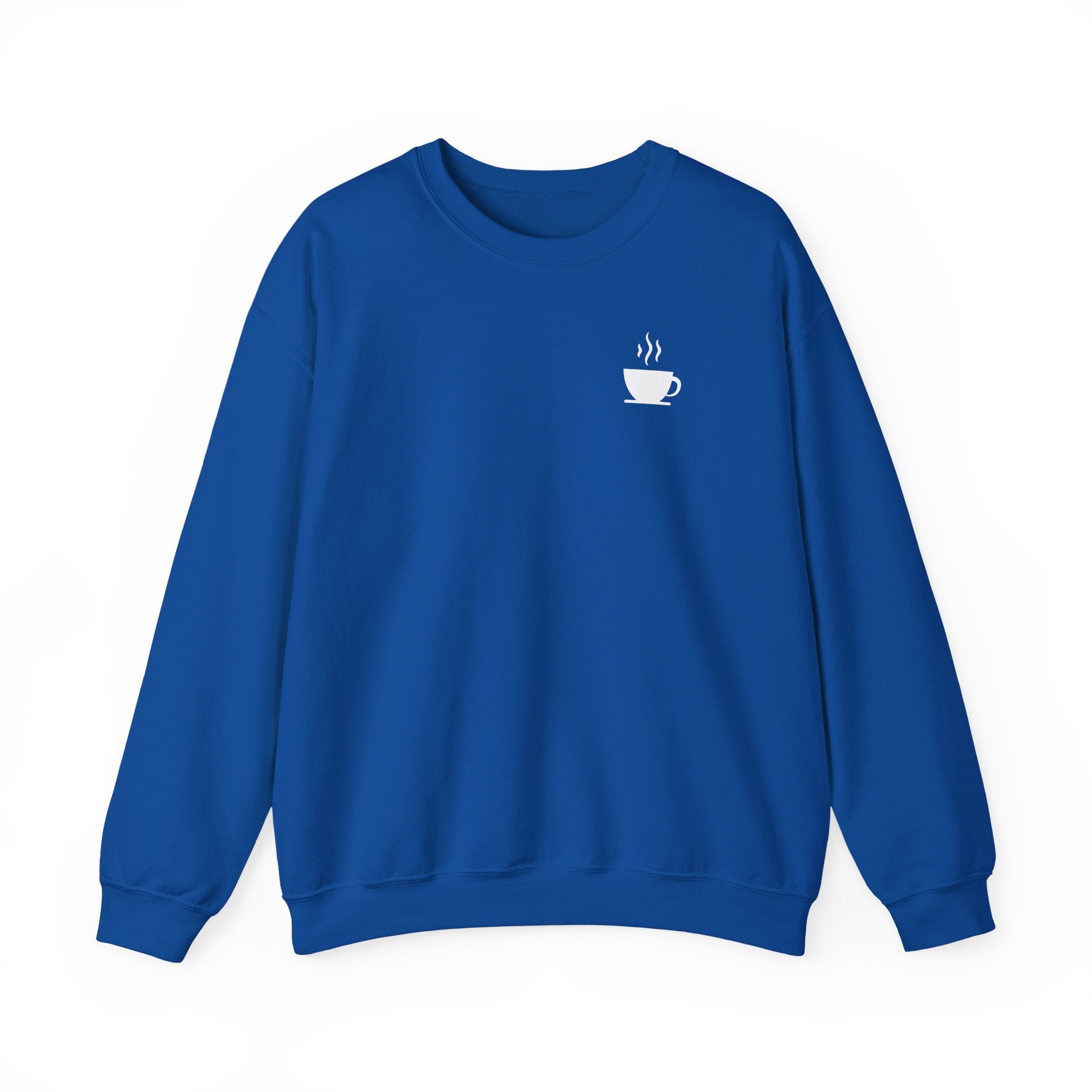A royal blue crewneck sweatshirt featuring a small white steaming coffee cup icon on the chest.