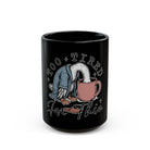 Black 11oz ceramic mug featuring an illustration of a tired goose wearing a robe and slippers.