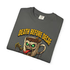 Dark grey t-shirt featuring a graphic of a zombie coffee mug with the text Death Before Decaf.
