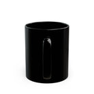 A plain black ceramic mug with a handle, viewed from the side against a white background.