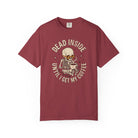 Maroon t-shirt featuring a skeleton wearing sunglasses and holding a steaming cup of coffee.