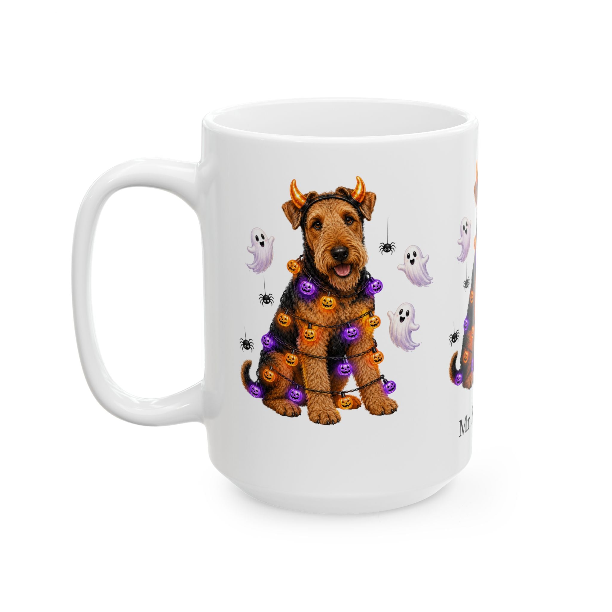 Angled Airedale Terrier dog Halloween mug with personalized pet name and fall design — image 3