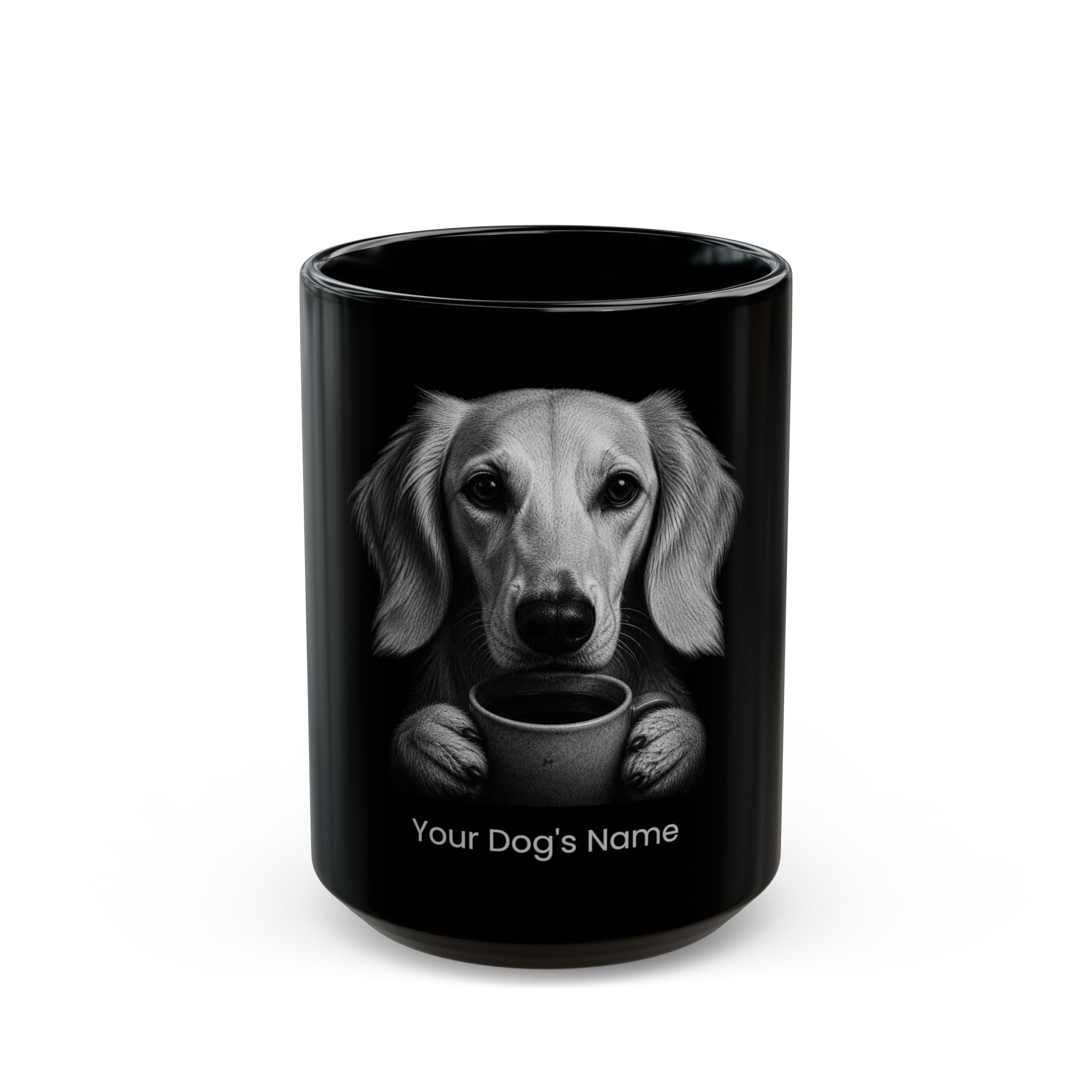 Personalized Saluki black ceramic coffee mug with custom dog name