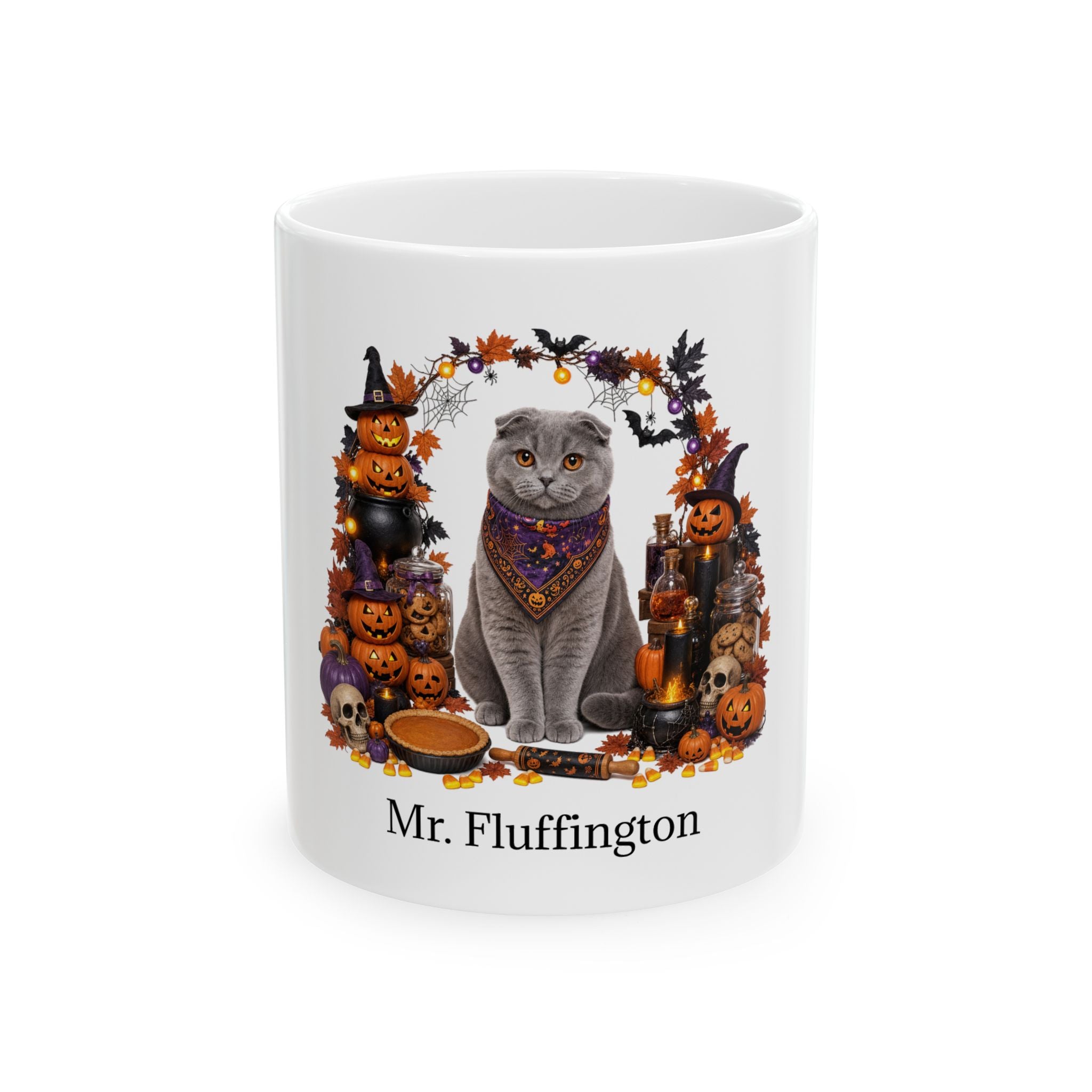 Personalized Scottish Fold cat ceramic coffee mug with Halloween artwork and custom name — image 2