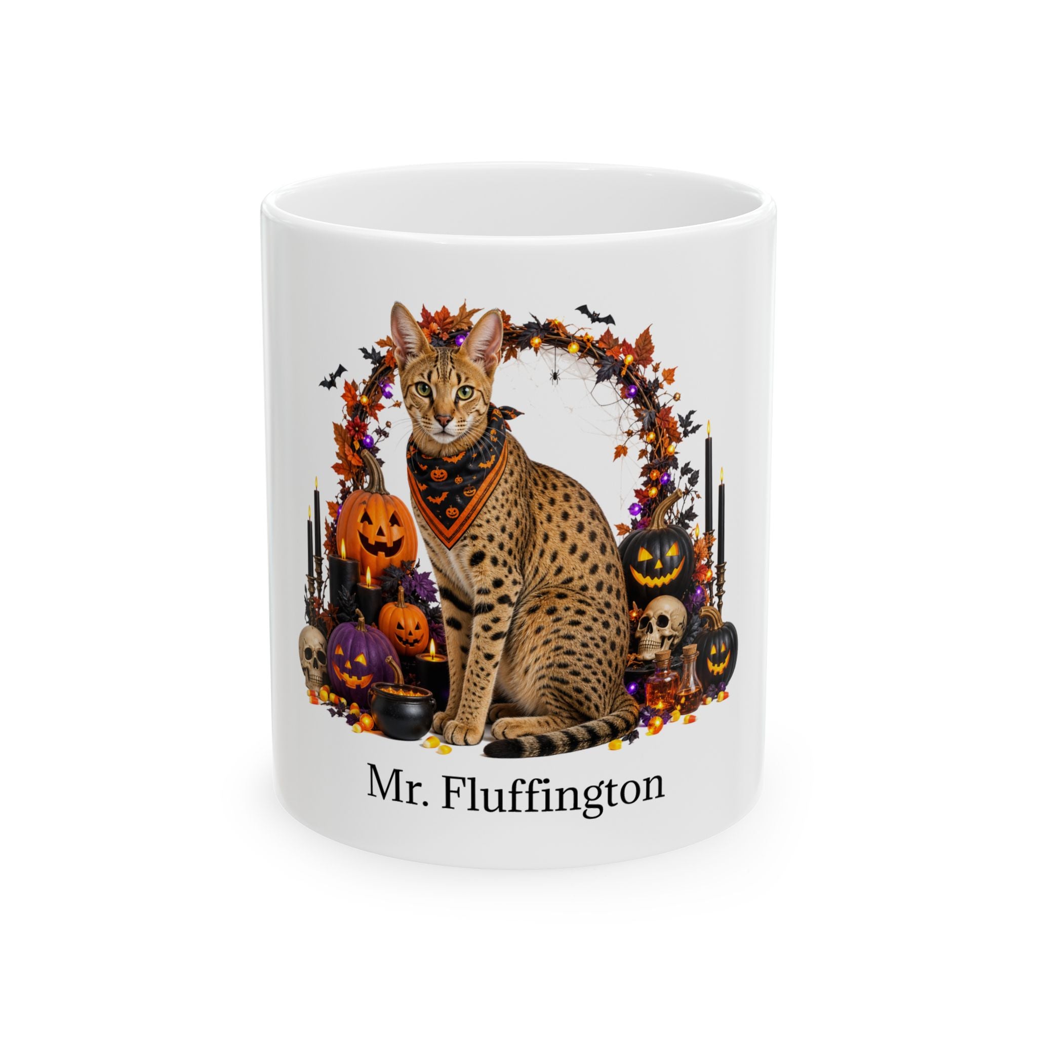 Personalized Savannah cat ceramic coffee mug with Halloween artwork and custom name — image 2