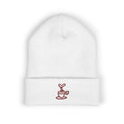 White cuffed knit beanie with an embroidered coffee cup and heart design.