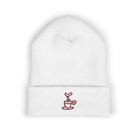 White cuffed knit beanie with an embroidered coffee cup and heart design.